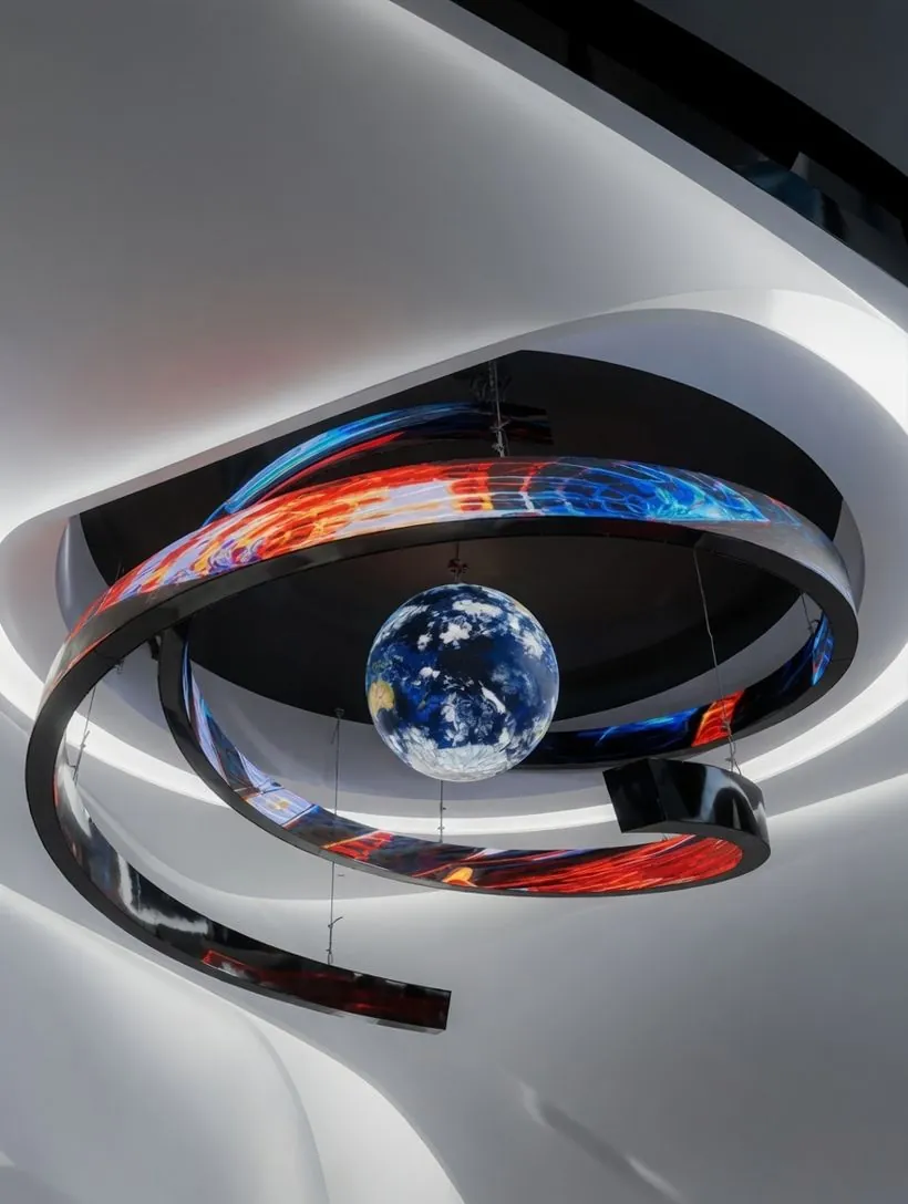 Écran LED sur mesure — ruban courbe et sphère LED suspendus dans un espace architectural